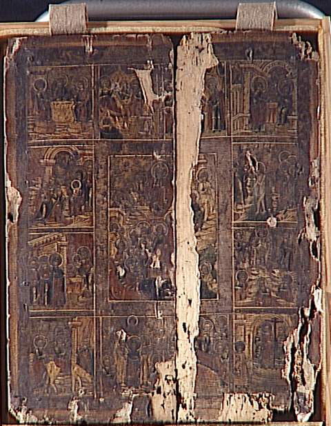 La Résurrection du Christ : au centre, le Christ apparaissant au-dessus du tombeau et la Descente aux limbes (Anastasis). En pourtour, douze des principales fêtes de l’année liturgique. De haut en bas et de gauche à droite : la Sainte Trinité, la Naissance de la Vierge, la Présentation de la Vierge au Temple, l’Annonciation, la Nativité du Christ, le Baptême du Christ, la Présentation du Christ au Temple, la Transfiguration	, l’Entrée du Christ à Jérusaleml’Ascension du Christ, la Dormition de…