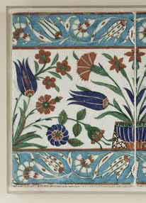 Carreau de bordure à la frise de pots et de touffes de fleurs. Bordure de rinceaux de fleurettes sur fond turquoise, image 2/2
