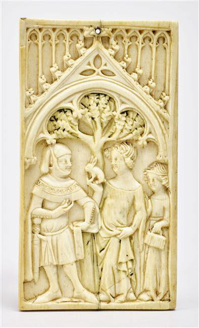 Feuillet de tablettes à écrire : la rencontre, gothique (Occident->moyen âge) ; Philippe VI de Valois (1328-1350) (Occident->moyen âge->gothique->dynastie des Valois) ; Jean II le Bon (1350-1364) (Occident->moyen âge->gothique->dynastie des Valois)

Date de création/fabrication : vers 1340 - 1360