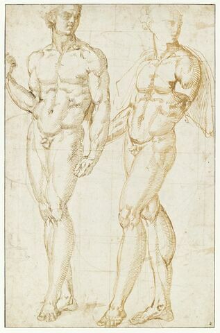 Deux hommes nus, debout ;  dessin géométrique en-dessous des figures