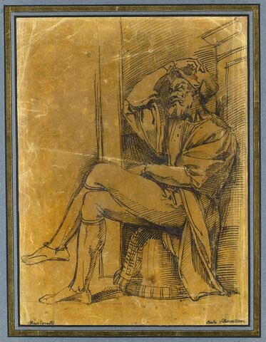 Homme en costume du XVIè siècle, assis sur un panier renversé