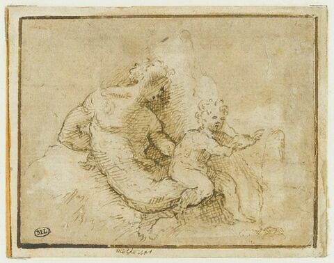Femme nue assise, tenant un enfant sur les genoux