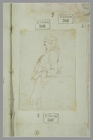 Gentilhomme, debout, de profil, appuyé contre un meuble, image 1/1