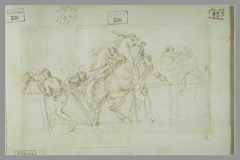 Hommes retenant leurs chevaux par la bride, image 2/2