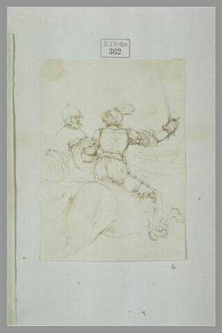 Deux soldats à cheval, en armure, l'un de deux brandissant une epée, image 1/1