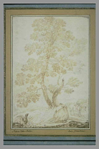 Paysage avec deux arbres poussant sur un rocher ; au fond, un cheval chargé, image 1/1