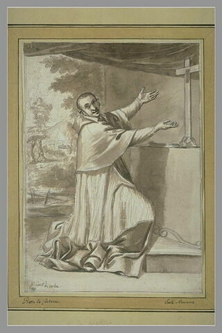 Un saint abbé à genoux les bras tendus vers une croix, image 2/2