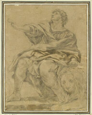 Saint Daniel assis,une main sur la tête d'un lion, regardant vers le ciel