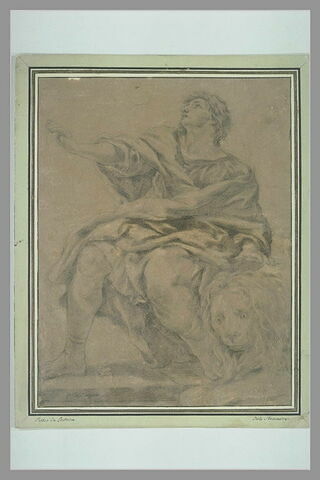 Saint Daniel assis,une main sur la tête d'un lion, regardant vers le ciel, image 2/2