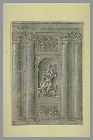 Statue d'homme dans une niche et deux bas-reliefs encadrés de colonnes