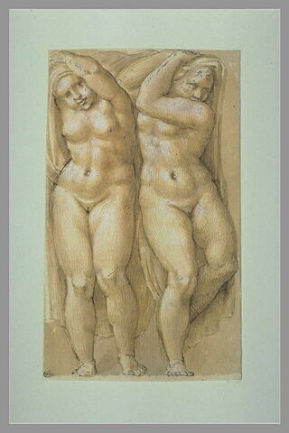 Deux figures de femmes nues soutenant des draperies au dessus de leurs têtes, image 1/1