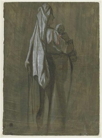 Femme drapée, debout, tenant un enfant dans ses bras