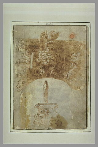 Dessus de baie cintrée surmontée d'un aigle avec un mascaron, et fontaine, image 2/2