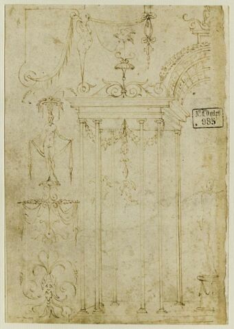 Etude de grotesques avec édicule à colonnettes et pergola, image 1/2