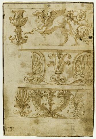 Trois motifs de frise avec vases, griffons, palmettes, cornes d'abondance