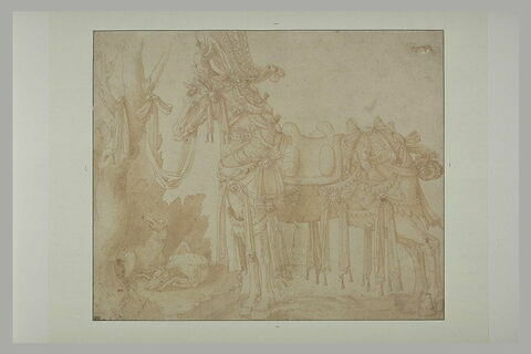 Cheval richement harnaché de rubans et de deux aigles, avec deux chiens, image 2/2