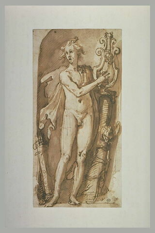 Apollon nu, debout et vu de face, chante en s'accompagnant d'une lyre
