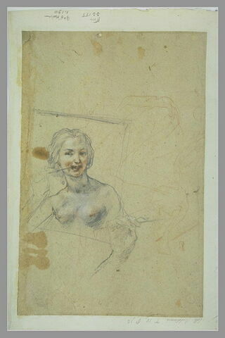 Jeune femme nue, vue en buste, portant une flèche à sa bouche ; reprise de sa main droite ; draperie