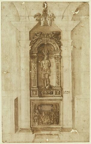 Saint Sébastien représenté dans une niche entre deux pilastres