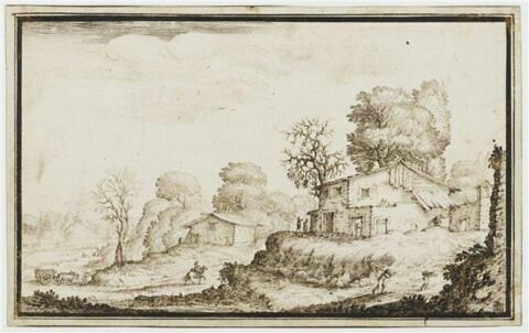 Paysage avec une grande ferme à droite et plusieurs figures, image 2/2