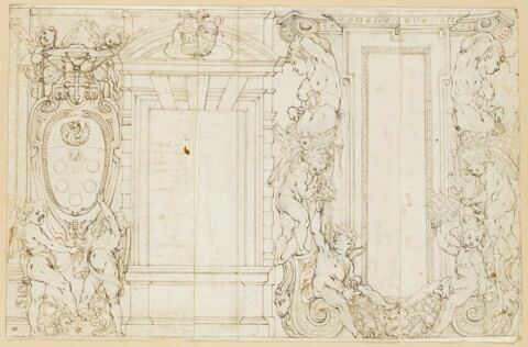 Projet de décoration murale avec putti, armes des Medici et guirlandes