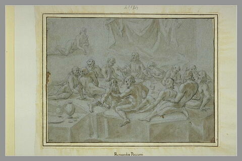 Douze personnages nus assis autour d'un homme drapé, assis à table : la Dernière Cène
