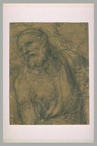 Homme barbu, à mis-corps, tourné vers la droite, se retournant, image 2/2