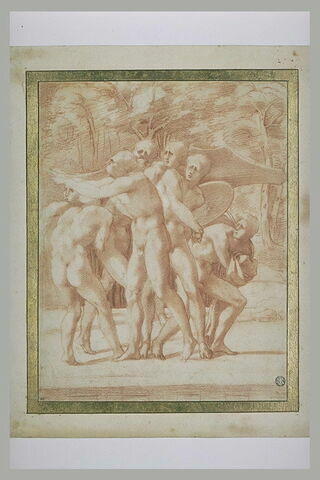 Groupe d'hommes nus debout, regardant vers la gauche avec frayeur, image 2/2