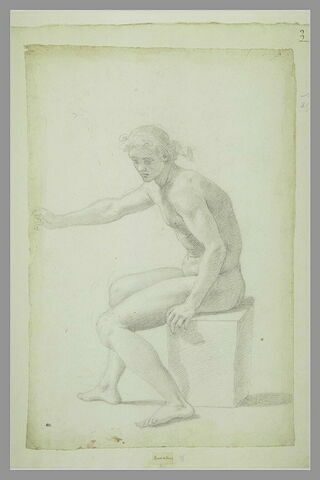 Homme nu, assis, de profil vers la gauche, le bras droit tendu