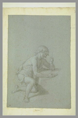 Figure à demi-agenouillée, de profil, tenant un bâton et une coupe : saint Jean Baptiste
