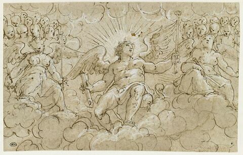Un archange entouré d'anges sur des nuages