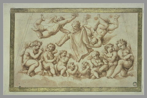 Choeur d'anges dont trois volant portant les dés et la tunique de Jésus, image 2/2