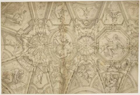 Projet de plafond avec putti, Vertus, grotesques autour de médaillons, image 1/2