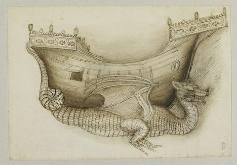 Coque d'un navire porté par un dragon, vus de profil, et esquisse du dragon