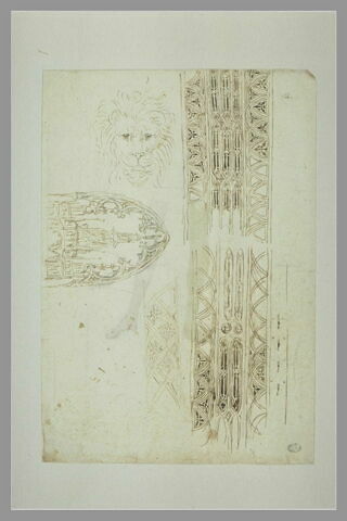 Esquisses d'architecture ; tête de lion ; motifs ornementaux gothique, image 2/2