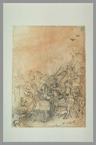 Une dame, un chevalier, deux écuyers et un page dans un paysage, esquisse sous-jacente du cimier de l'un des écuyers, image 2/2