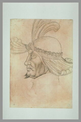 Tête d'homme barbu, vu de profil, coiffée d'un casque orné de plumes, image 2/2