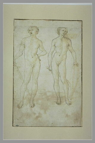 Deux hommes nus, débout, tenant une massue et un bouclier, image 2/2