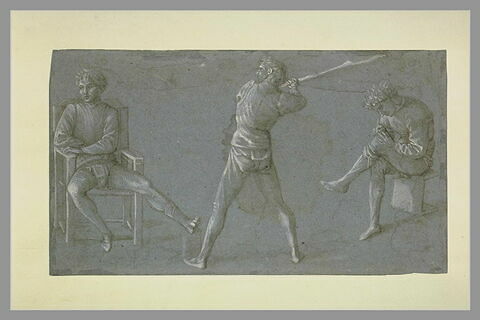 Etudes de deux hommes assis, d'un autre debout, brandissant un bâton, image 2/2