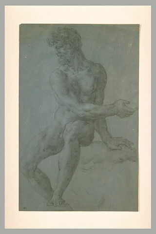 Academie d'homme, assis, vu de face, la tête tournée vers la gauche, image 2/2