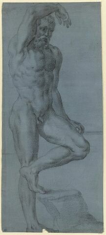 Homme nu, debout, le bras gauche au dessus de la tête, la jambe gauche pliée, image 1/2