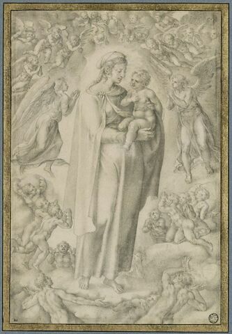 La Vierge et l'Enfant, sur des nuages, entourés de nombreuses figures