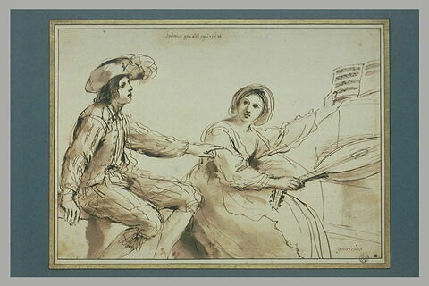 Un jeune homme et une jeune fille. Elle tient une viole et une partition, image 2/4