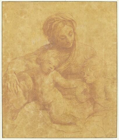 Saint Jean baisant la main de Jésus assis sur les genoux de sa mère