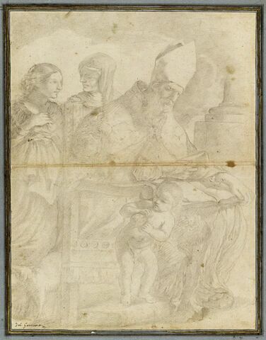 Figure d'un évêque assis, lisant devant deux femmes et un ange