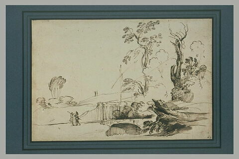 Un paysage avec deux hommes debout, paraissant s'entretenir, image 2/2