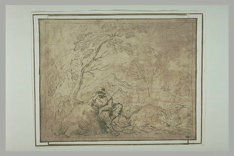 Paysage avec un homme assis, accoudé sur un rocher, sous un arbre, image 2/2