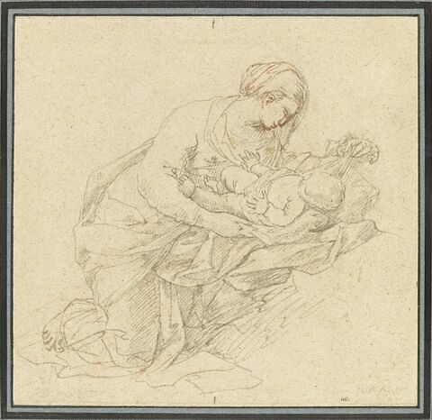La Vierge à genoux enveloppant d'un drap l'Enfant Jésus, image 1/2