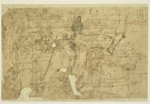 Texte manuscrit et une figure debout, des silhouettes, une jambe.