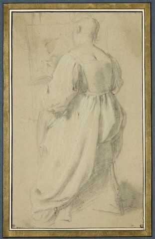 Jeune femme assise et peignant une tête d'homme